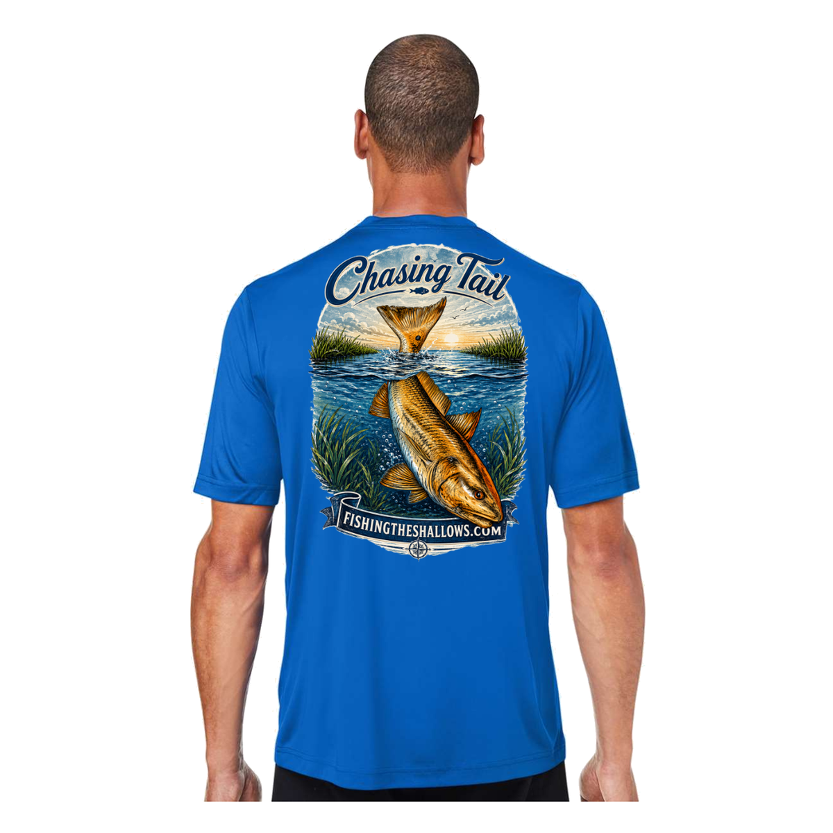 Diving Redfish SS in True Royal, back view - mens short sleeve performance fishing shirt by Fishing The Shallows