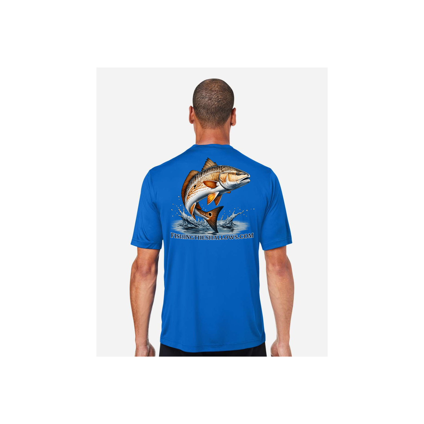 Redfish Art men's short sleeve fishing shirt in True Royal - back view