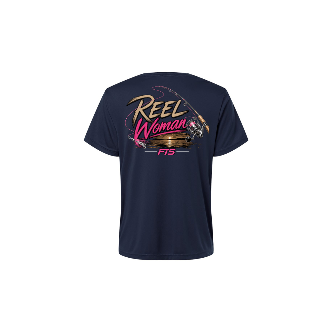 Reel Woman Pink – Women's Short Sleeve in Classic Navy - back view