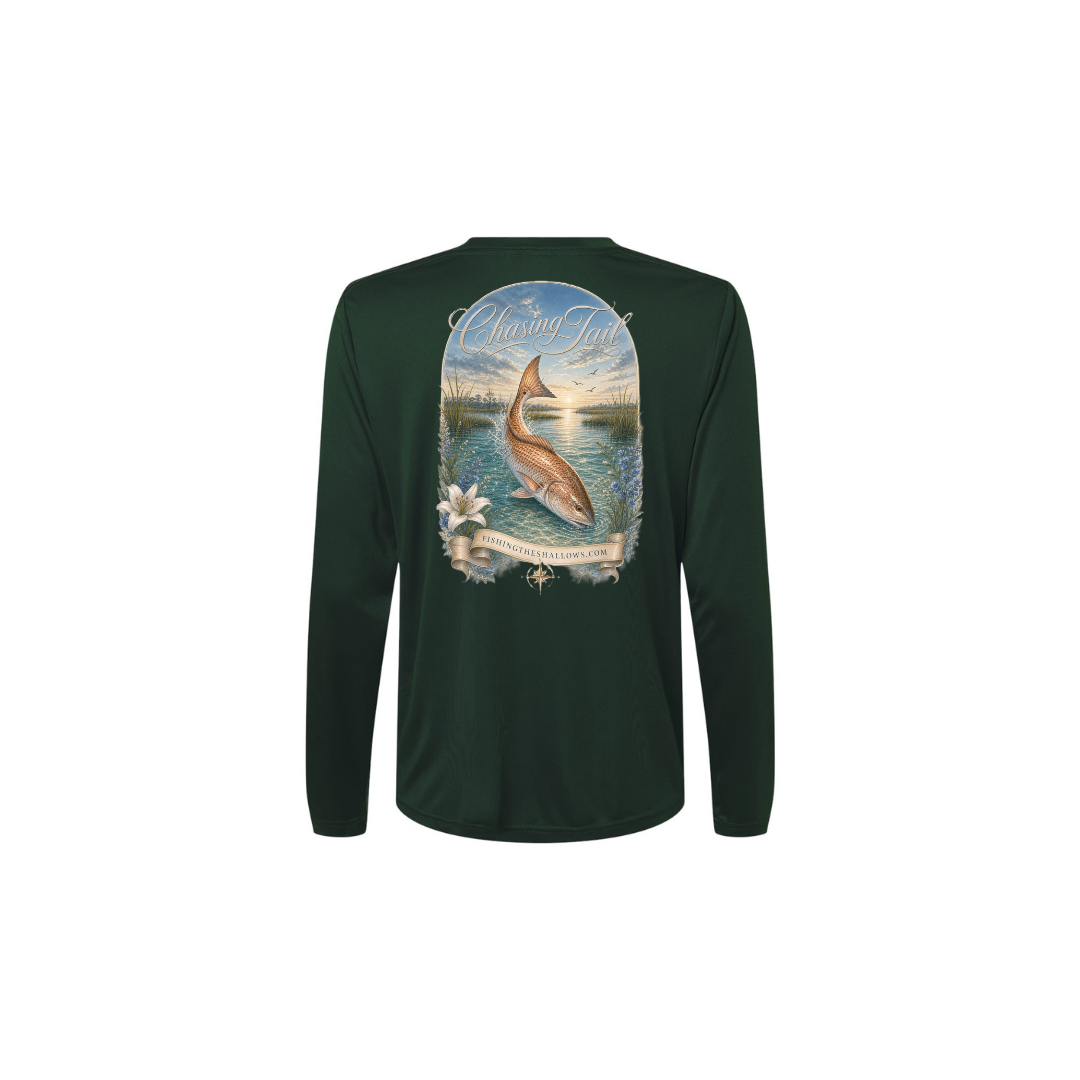 Diving Redfish – Women's Long Sleeve in Forest - back view