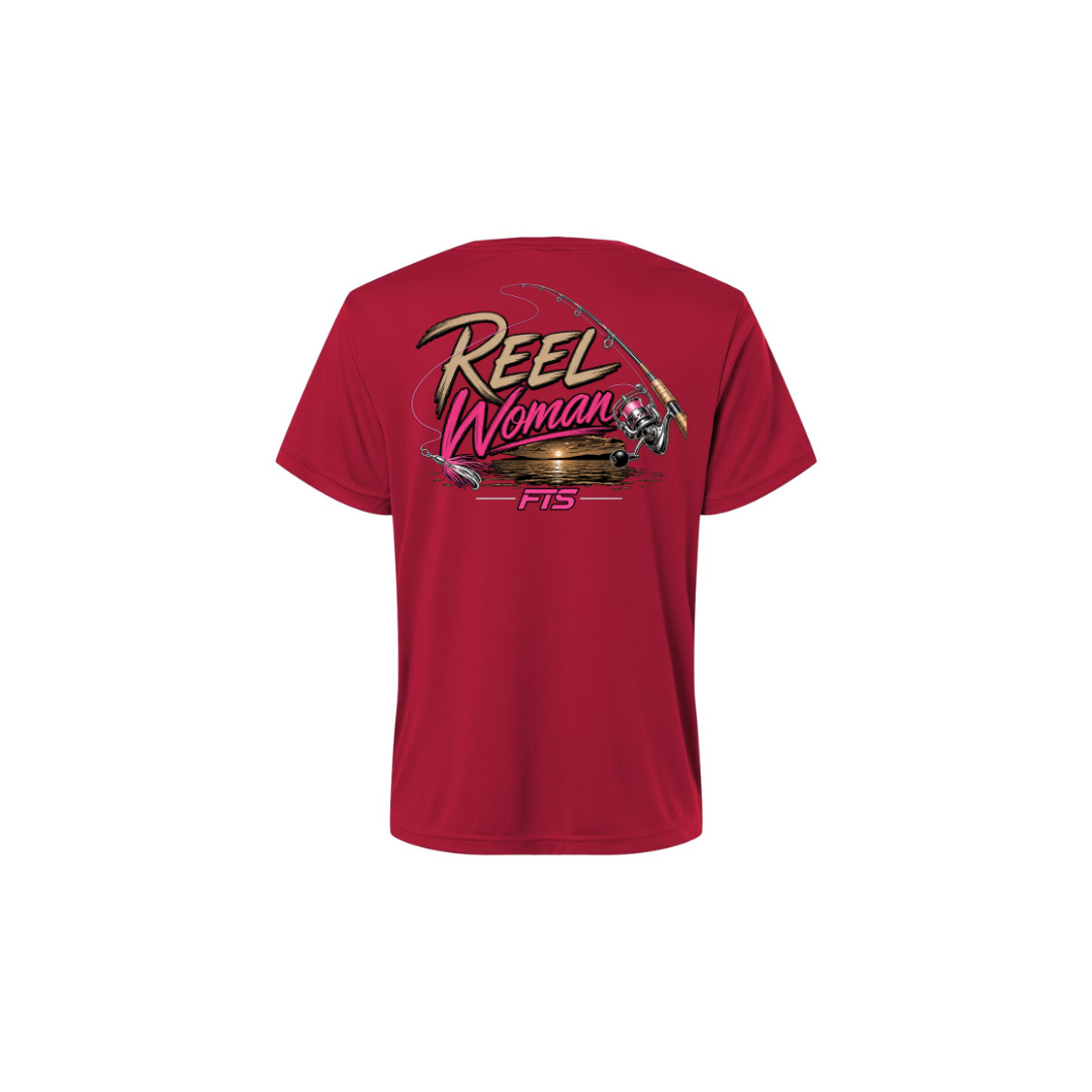 Reel Woman Pink – Women's Short Sleeve in Classic Red - back view