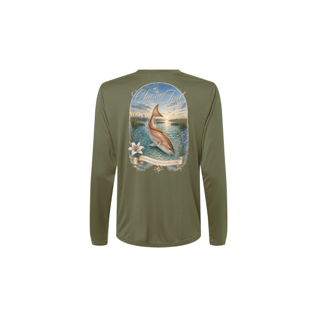 Diving Redfish – Women's Long Sleeve in Military Green - back view