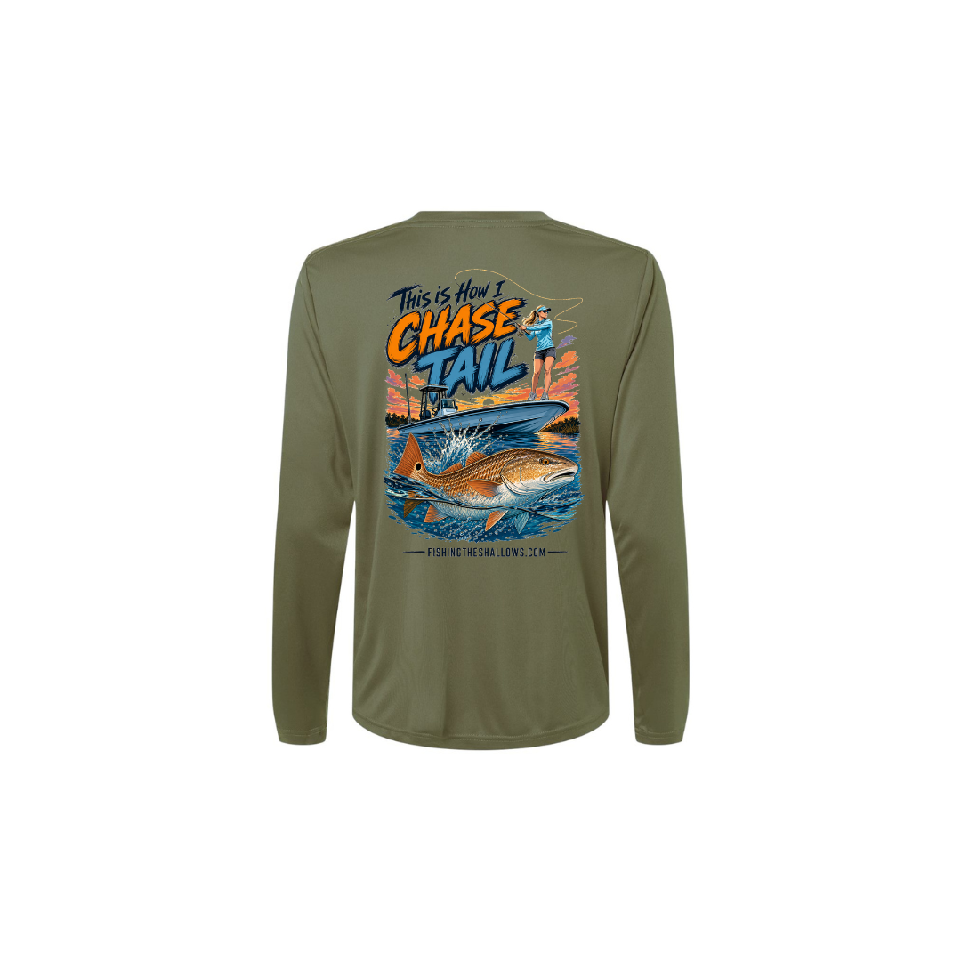 This Is How I Chase Tail – Women's Long Sleeve in Military Green - back view