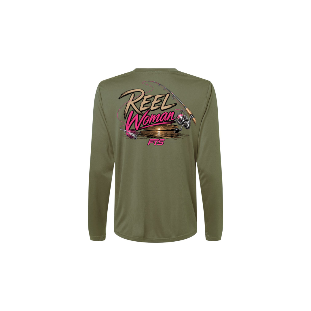 Reel Woman Pink – Women's Long Sleeve in Military Green - back view