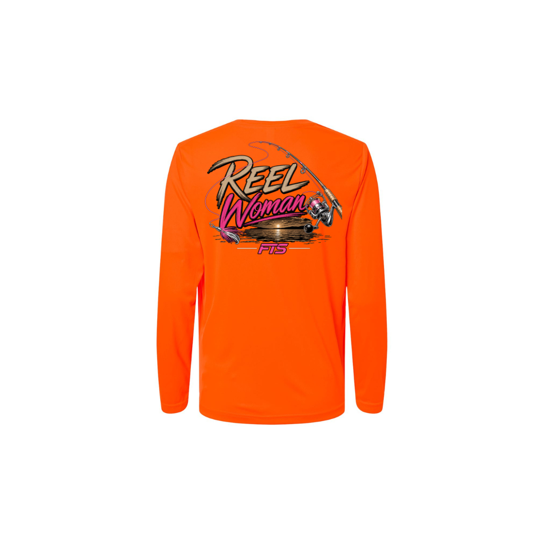 Reel Woman Pink – Women's Long Sleeve in Safety Orange - back view