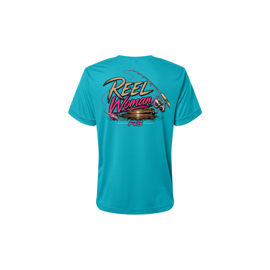Reel Woman Pink – Women's Short Sleeve in Clear Teal - back view