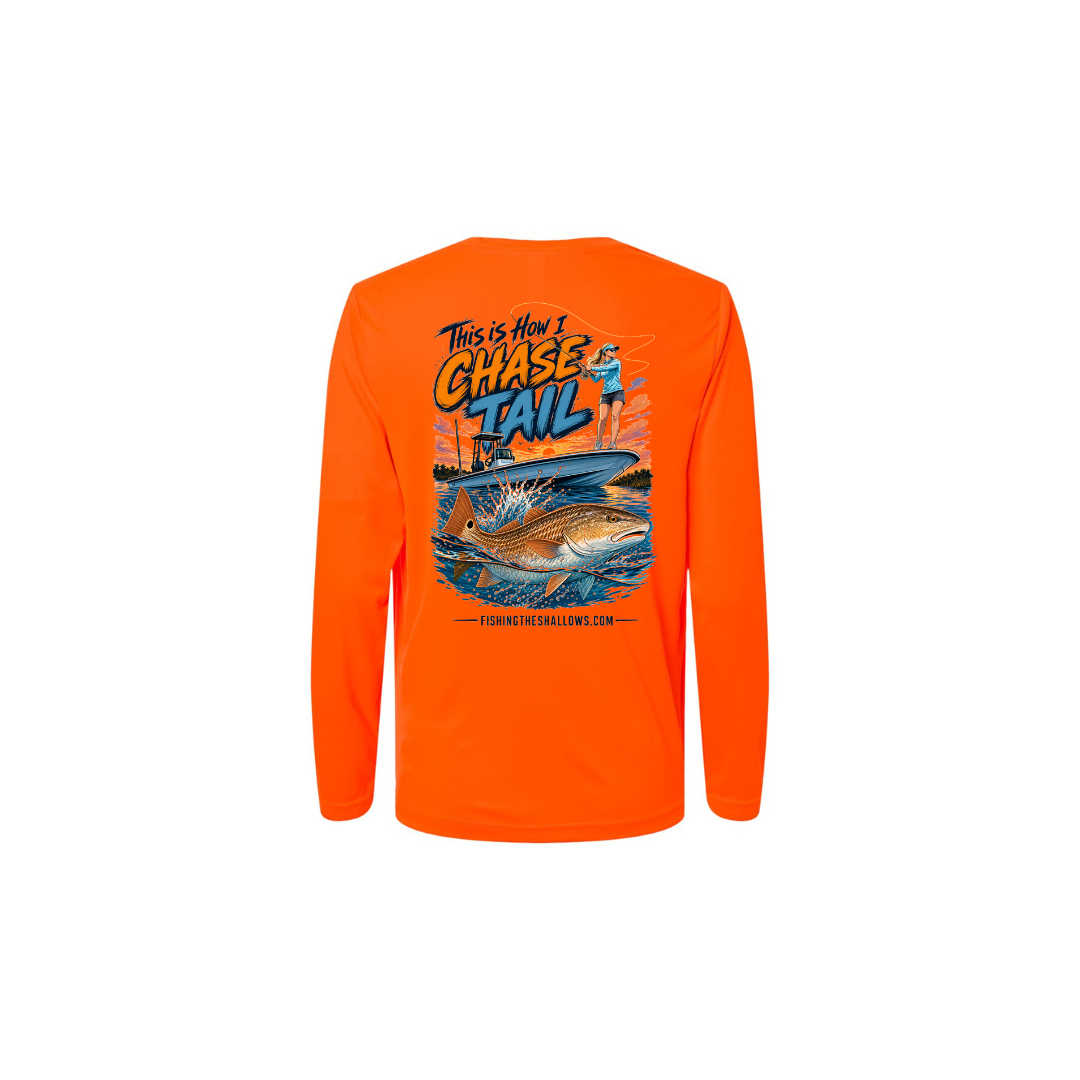 This Is How I Chase Tail – Women's Long Sleeve in Safety Orange - back view