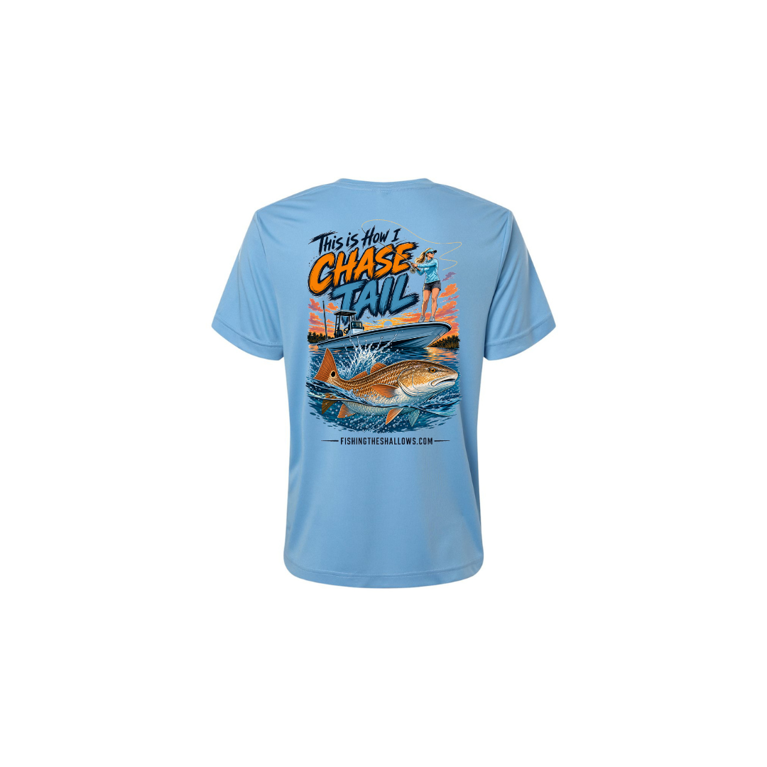 This Is How I Chase Tail – Women's Short Sleeve in Columbia Blue - back view
