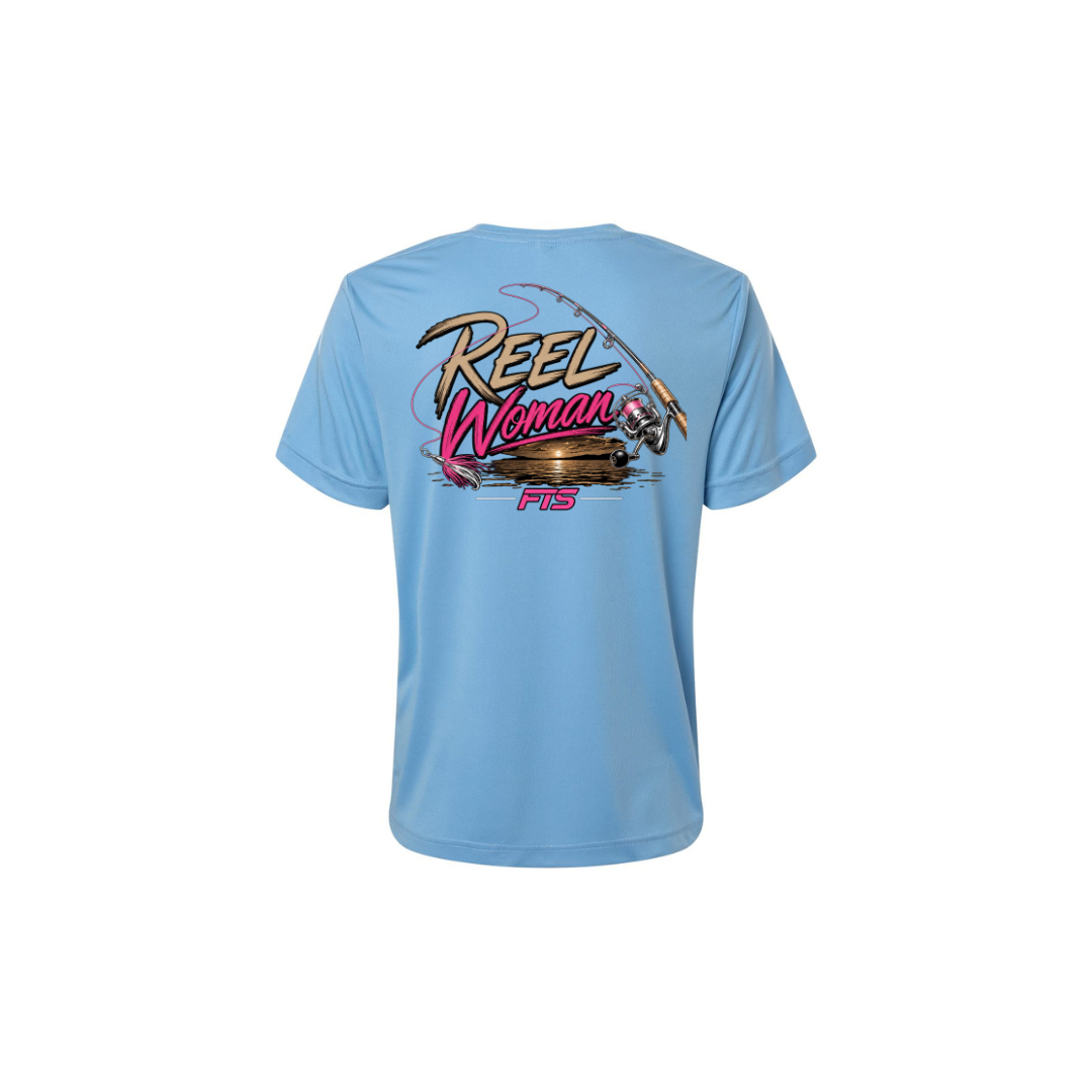 Reel Woman Pink – Women's Short Sleeve in Columbia Blue - back view