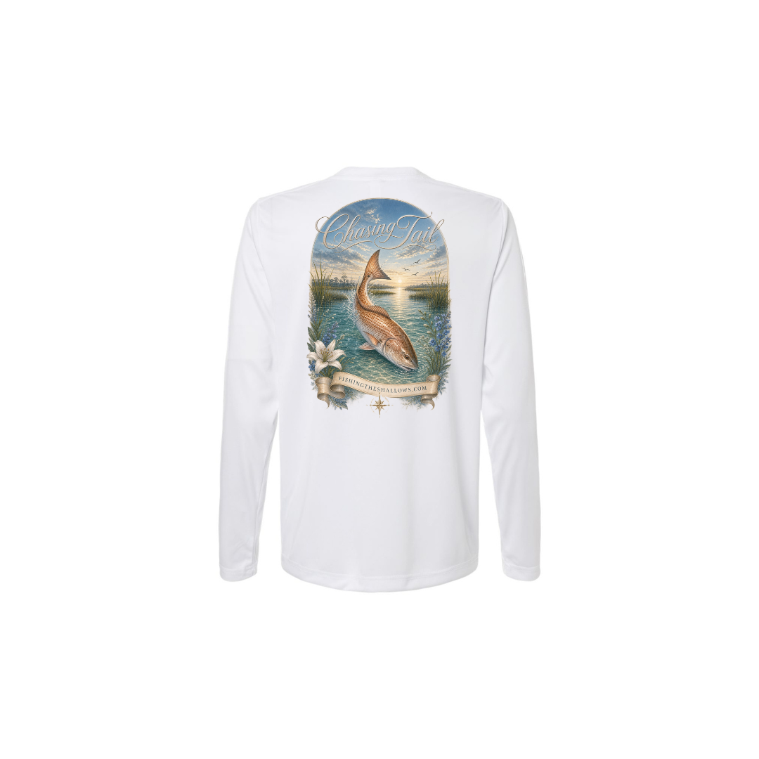 Diving Redfish – Women's Long Sleeve in White - back view