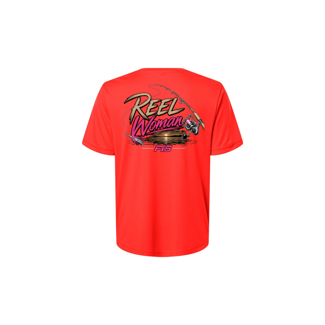Reel Woman Pink – Women's Short Sleeve in Marina Red - back view