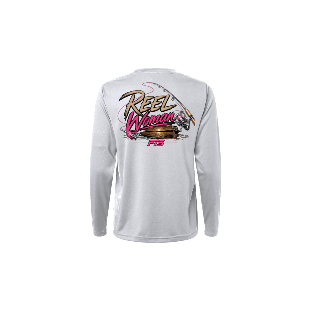 Reel Woman Pink – Women's Long Sleeve in Platinum - back view