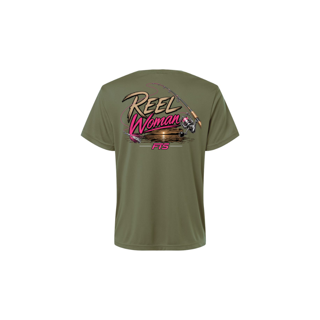 Reel Woman Pink – Women's Short Sleeve in Military Green - back view