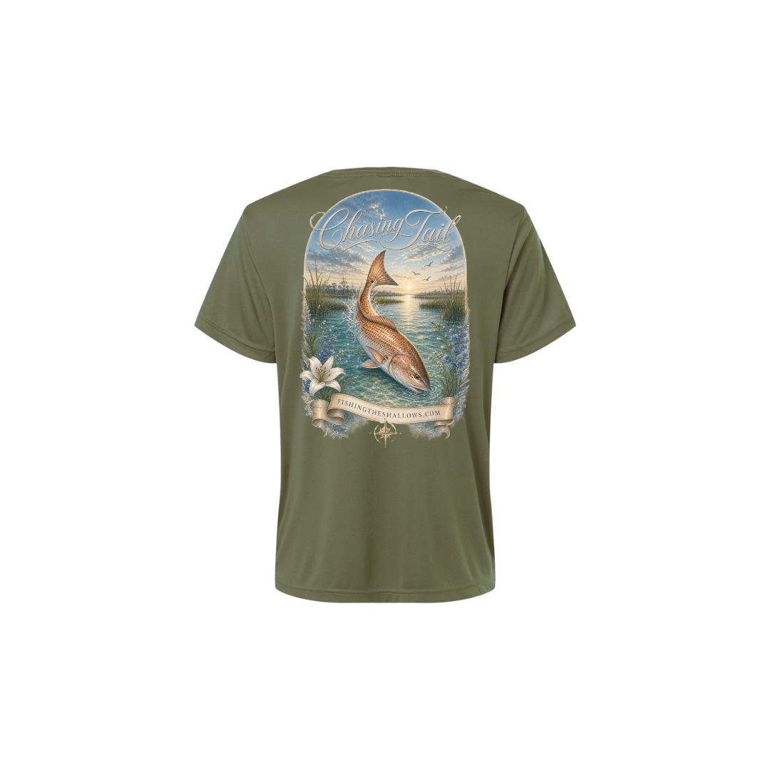 Diving Redfish – Women's Short Sleeve in Military Green - back view