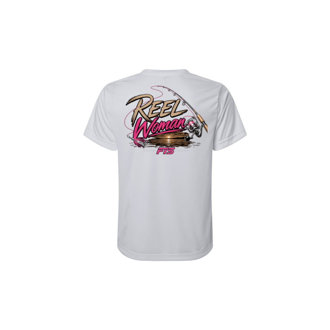 Reel Woman Pink – Women's Short Sleeve in Platinum - back view