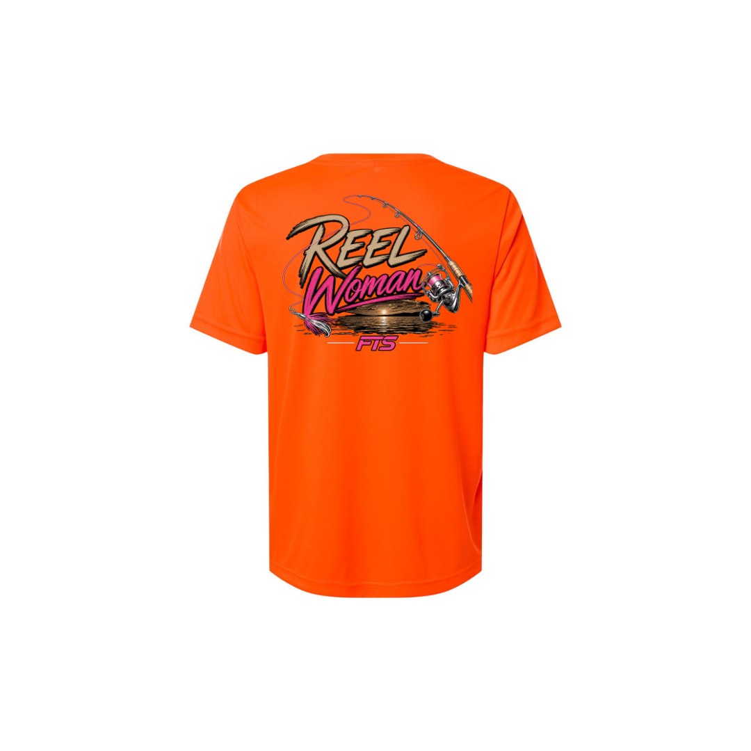 Reel Woman Pink – Women's Short Sleeve in Safety Orange - back view