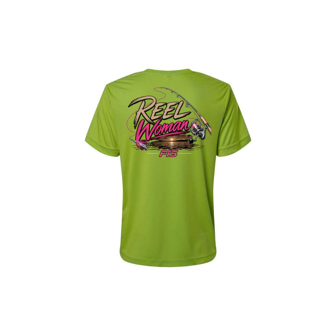 Reel Woman Pink – Women's Short Sleeve in Acid Green - back view