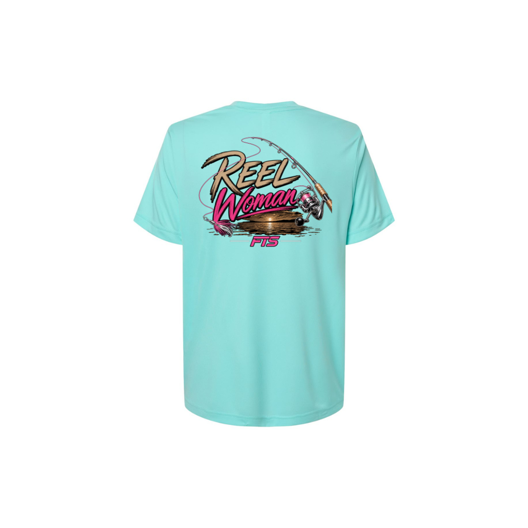 Reel Woman Pink – Women's Short Sleeve in Sea Glass - back view