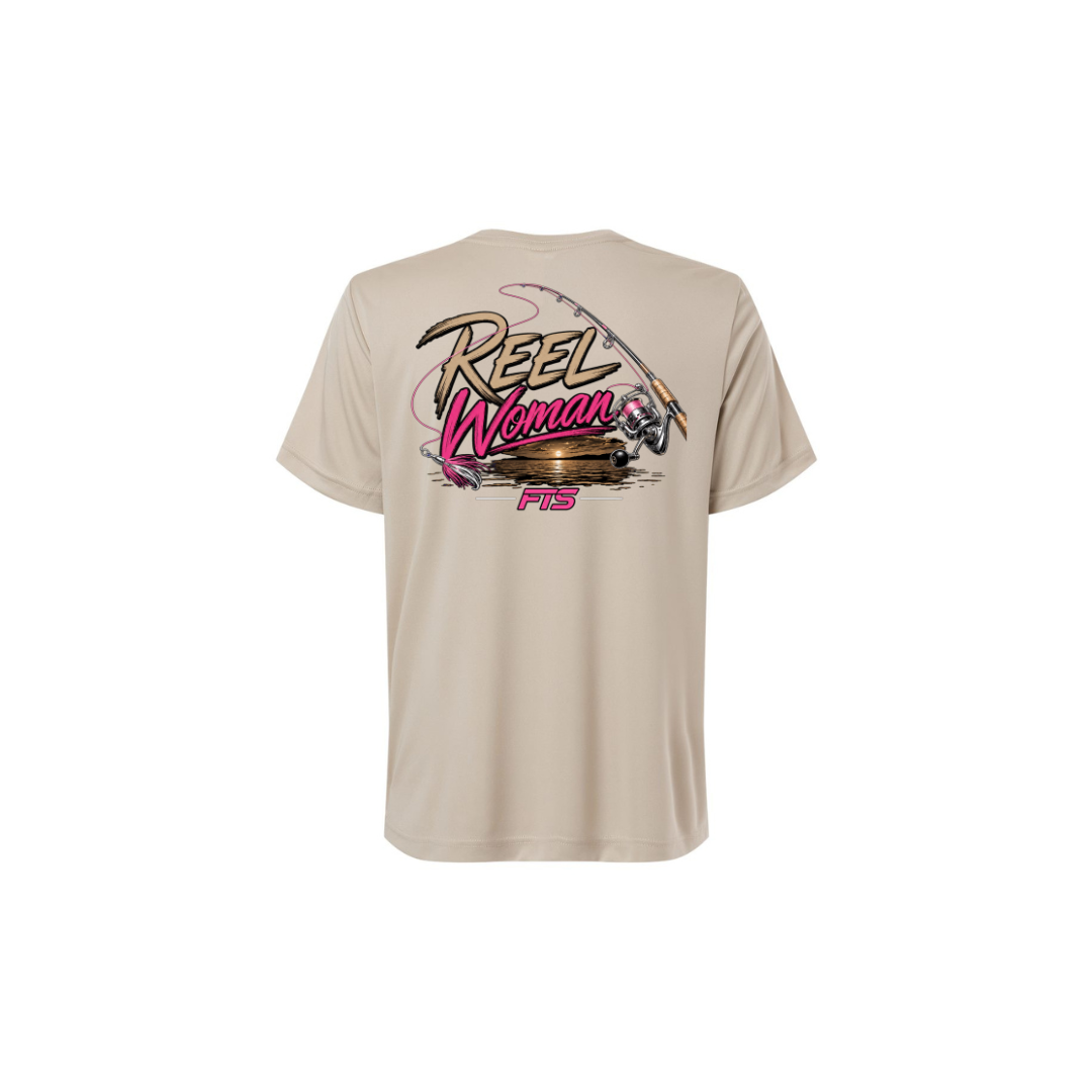Reel Woman Pink – Women's Short Sleeve in Stone - back view
