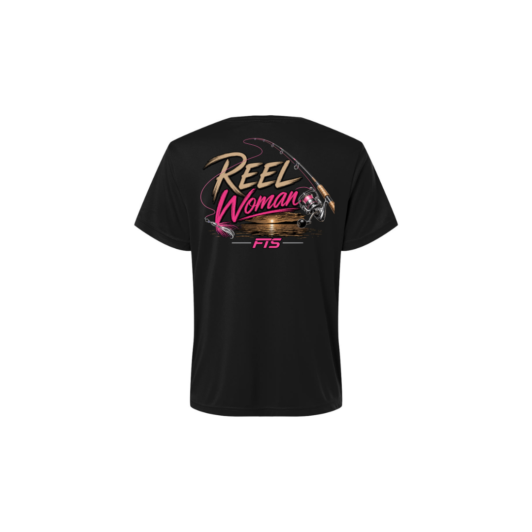 Reel Woman Pink – Women's Short Sleeve in Black - back view