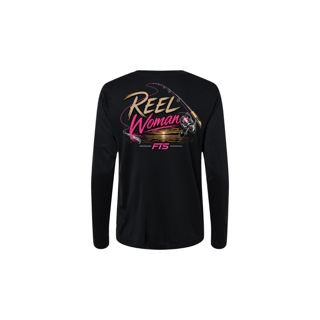 Reel Woman Pink – Women's Long Sleeve in Black - back view