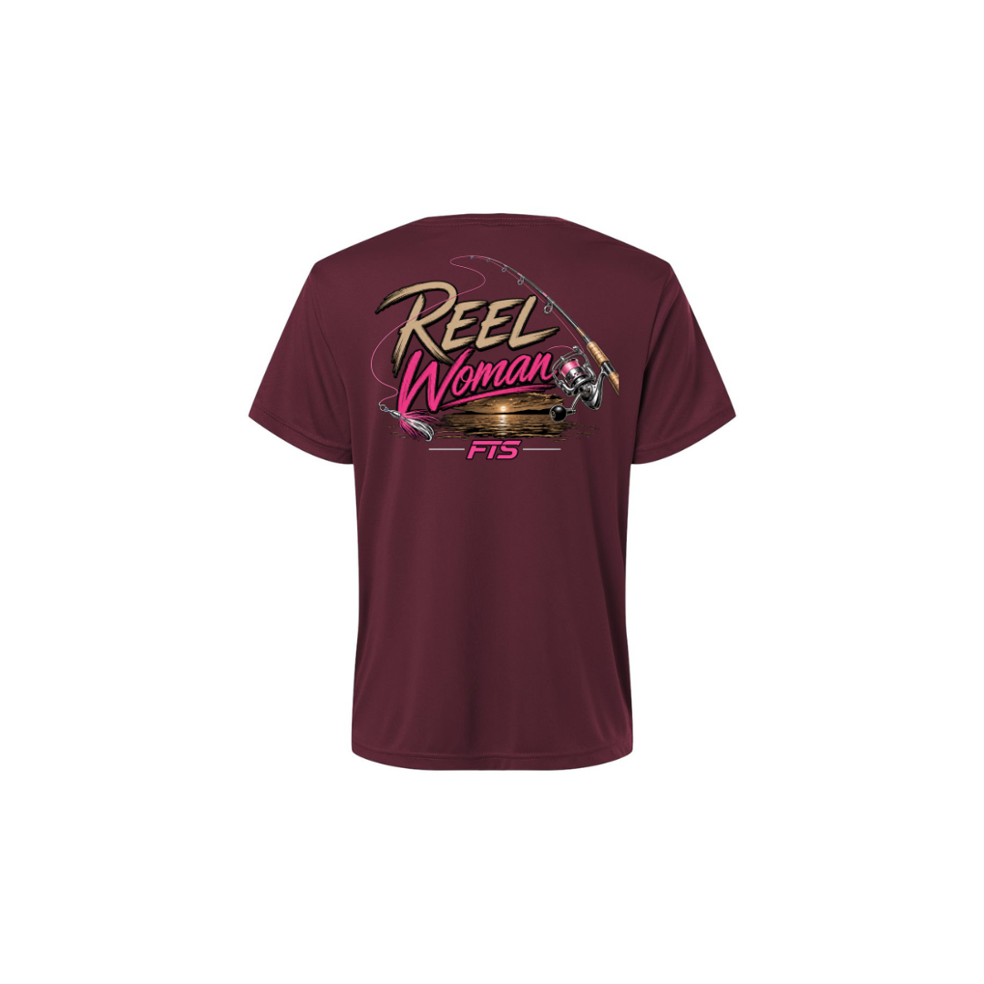 Reel Woman Pink – Women's Short Sleeve in Burgundy - back view