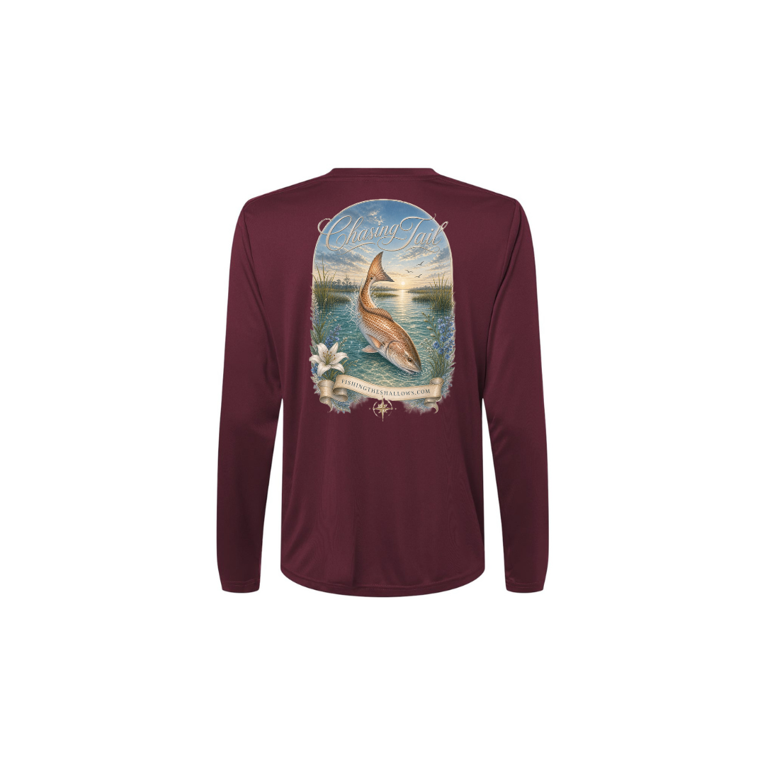 Diving Redfish – Women's Long Sleeve in Burgundy - back view