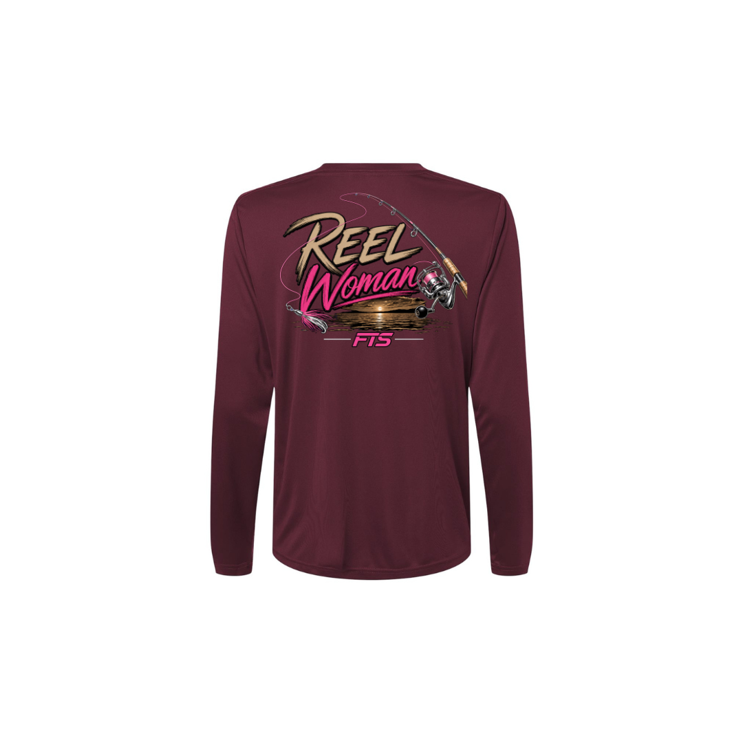 Reel Woman Pink – Women's Long Sleeve in Burgundy - back view
