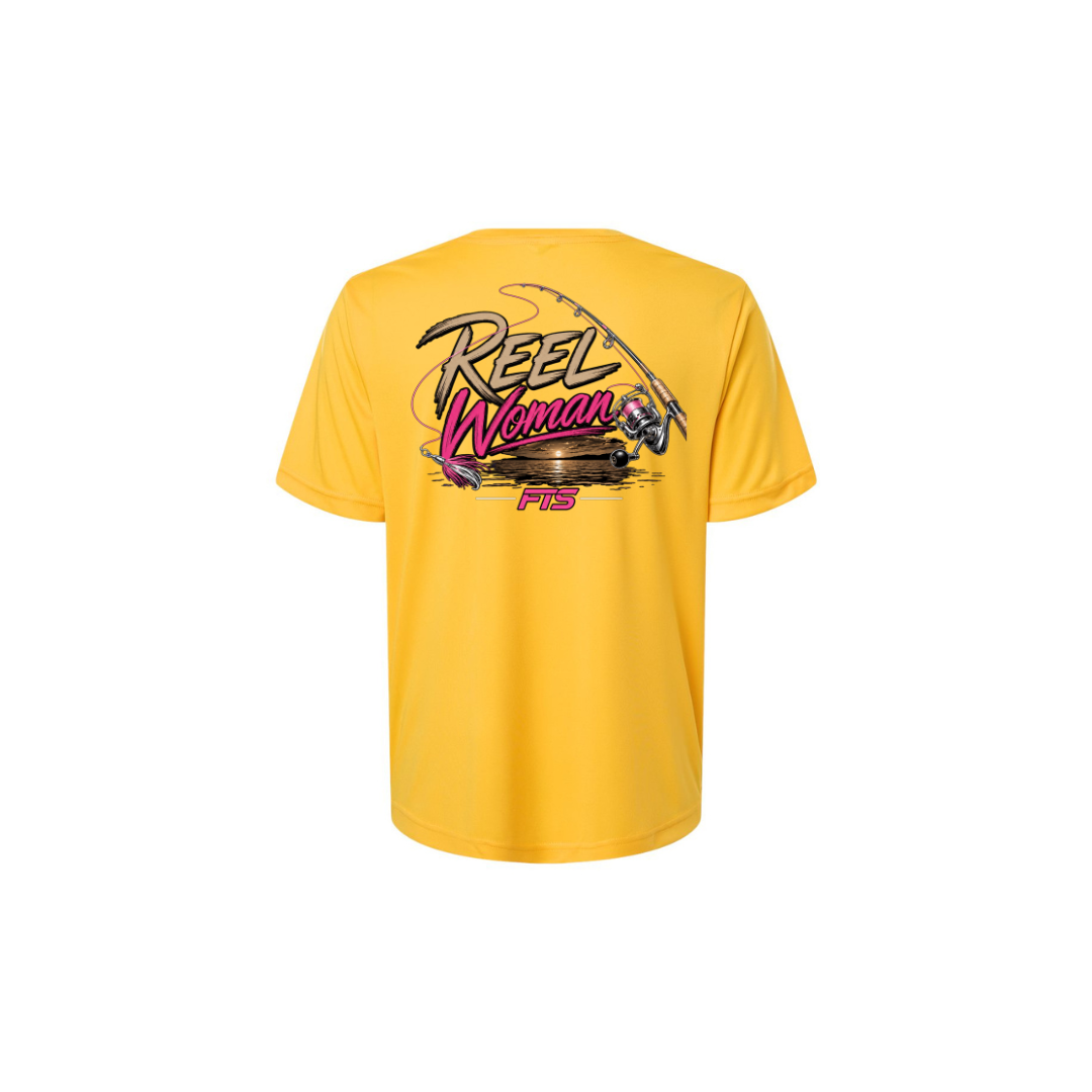 Reel Woman Pink – Women's Short Sleeve in Campus Gold - back view