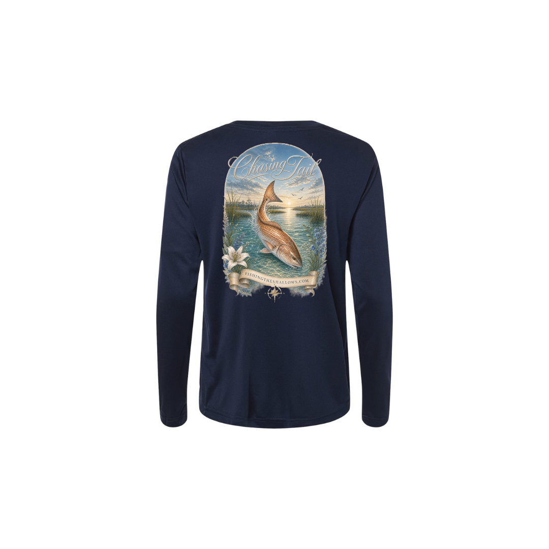 Diving Redfish – Women's Long Sleeve in Classic Navy - back view