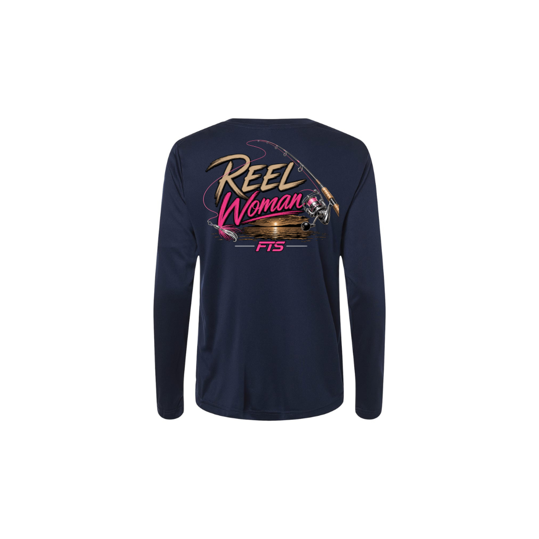 Reel Woman Pink – Women's Long Sleeve in Classic Navy - back view