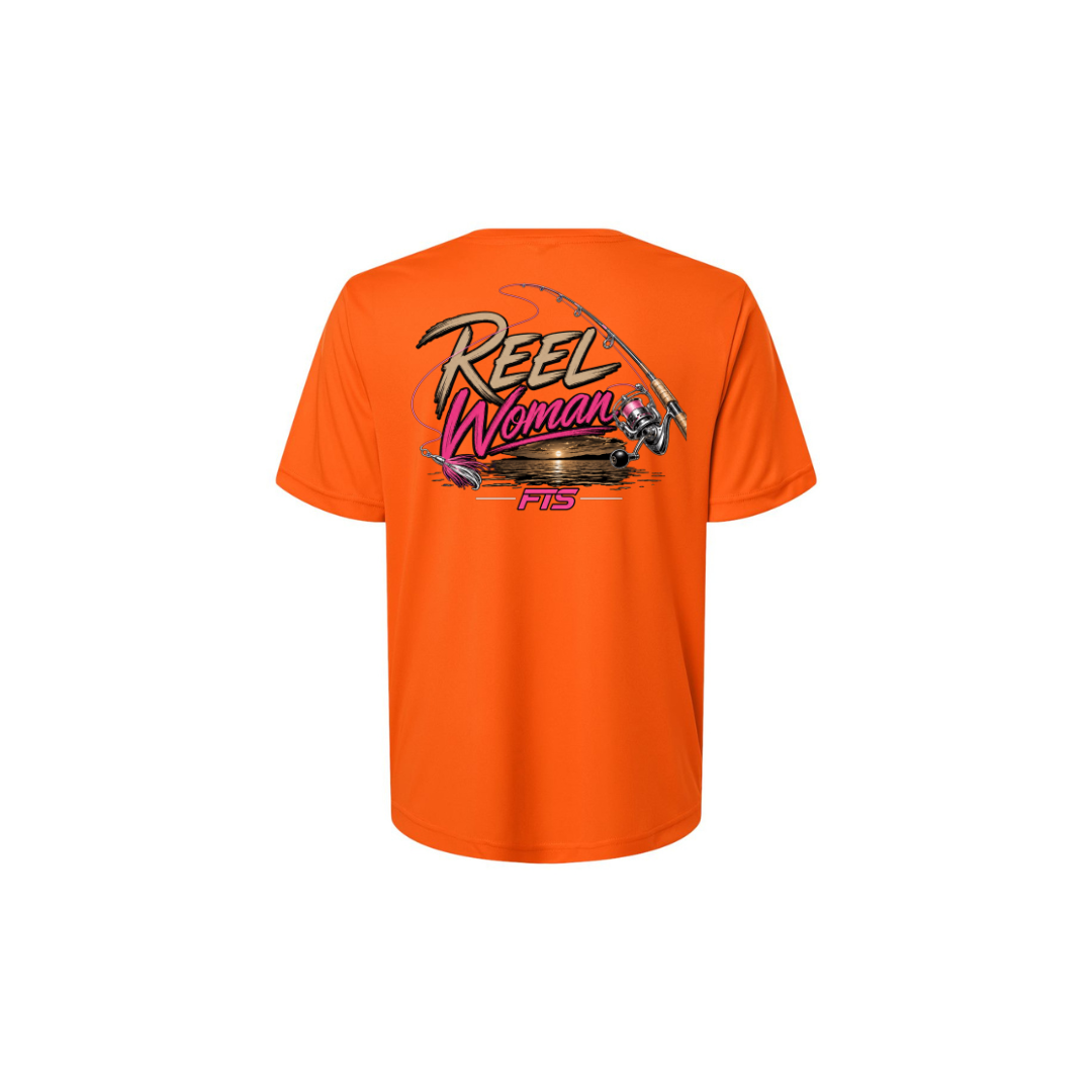 Reel Woman Pink – Women's Short Sleeve in Campus Orange - back view
