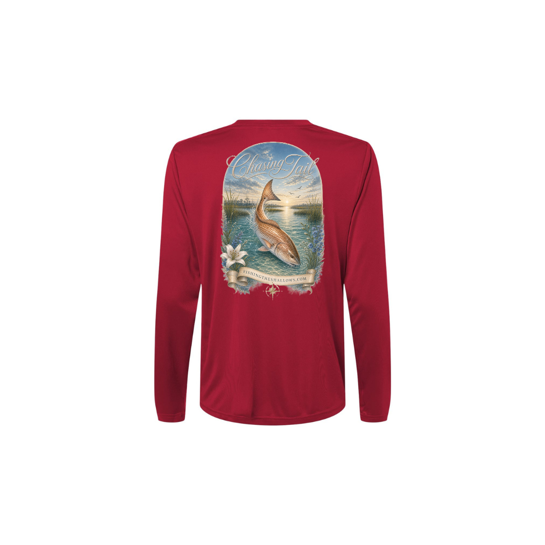 Diving Redfish – Women's Long Sleeve in Classic Red - back view