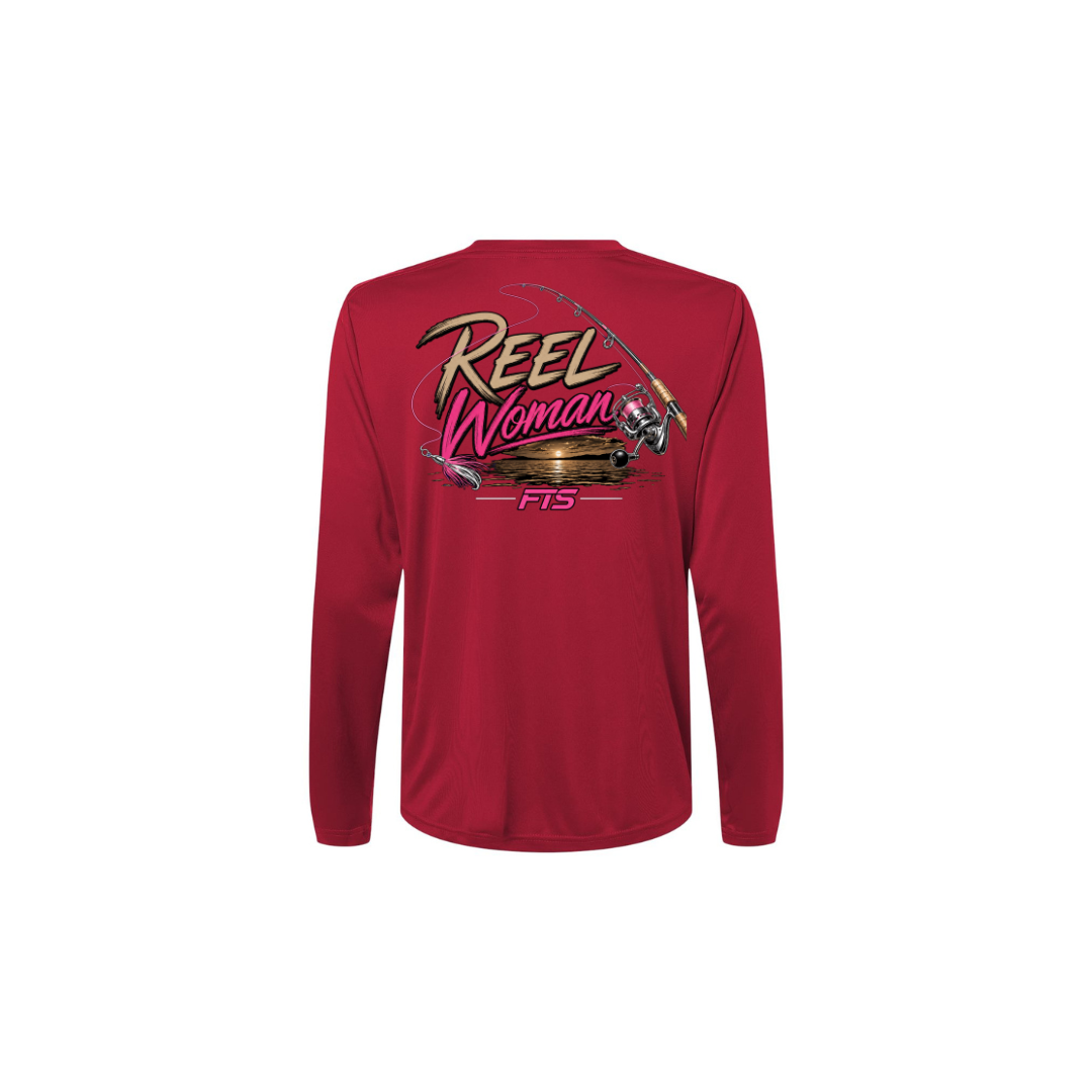 Reel Woman Pink – Women's Long Sleeve in Classic Red - back view