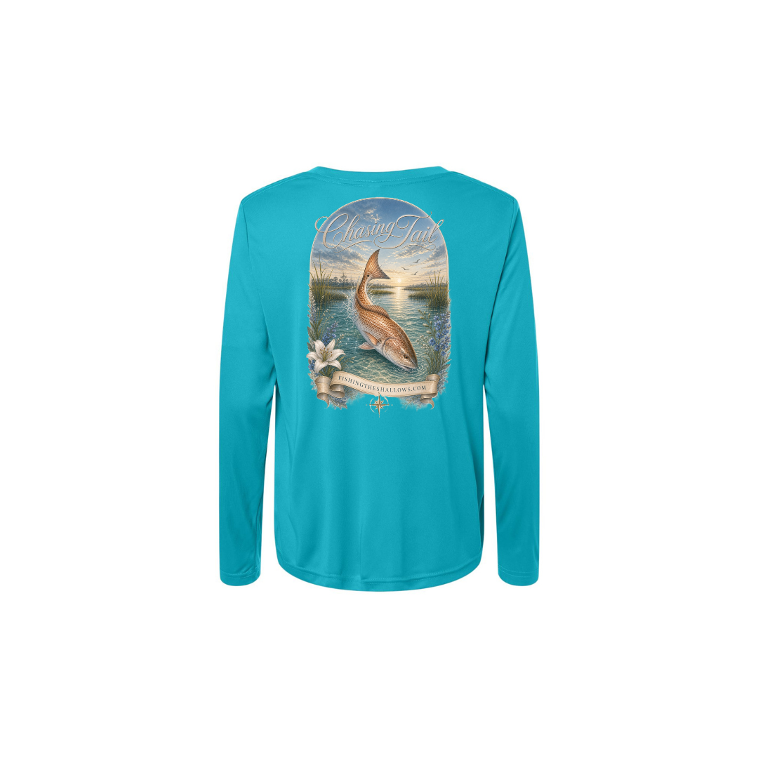 Diving Redfish – Women's Long Sleeve in Clear Teal - back view
