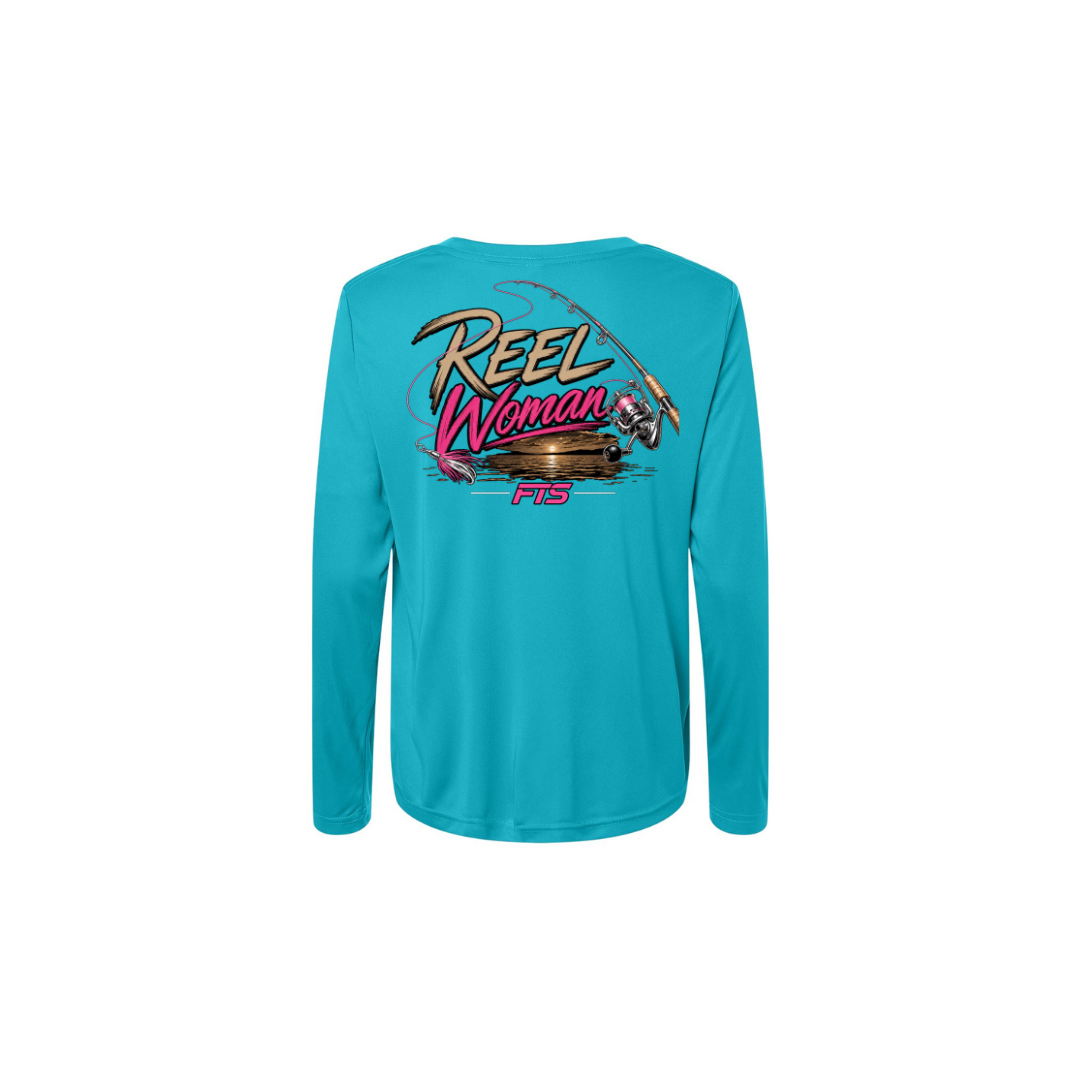Reel Woman Pink – Women's Long Sleeve in Clear Teal - back view
