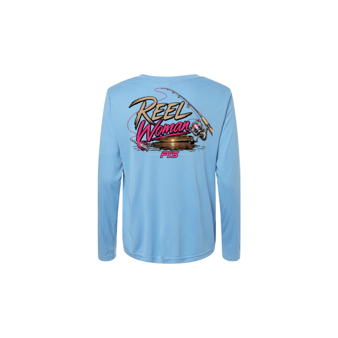 Reel Woman Pink – Women's Long Sleeve in Columbia Blue - back view
