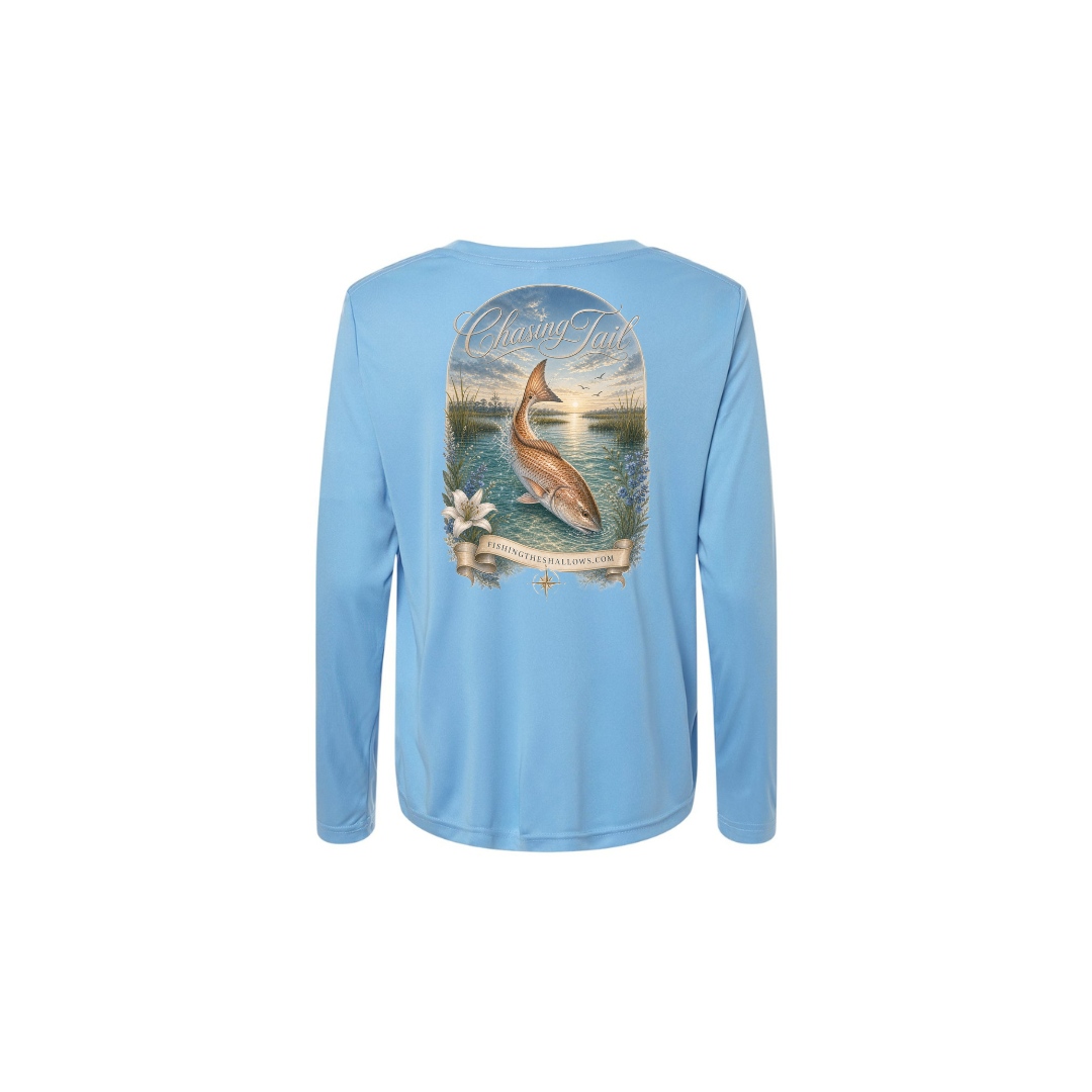 Diving Redfish – Women's Long Sleeve in Columbia Blue - back view