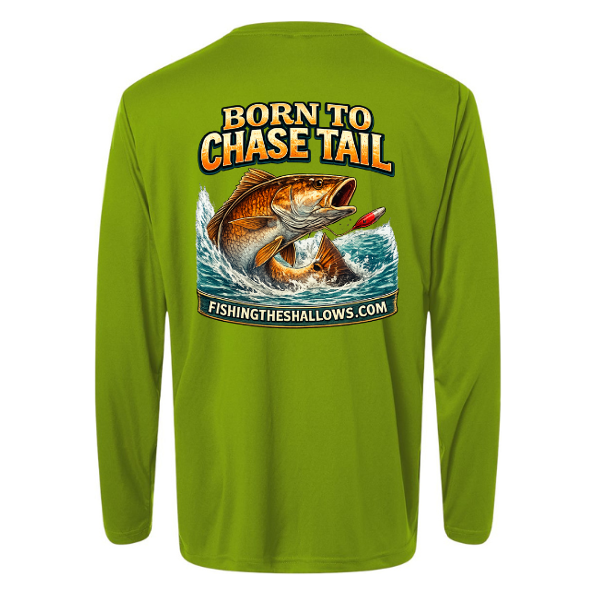 Born To Chase LS in Acid Green, back view - mens long sleeve performance fishing shirt by Fishing The Shallows
