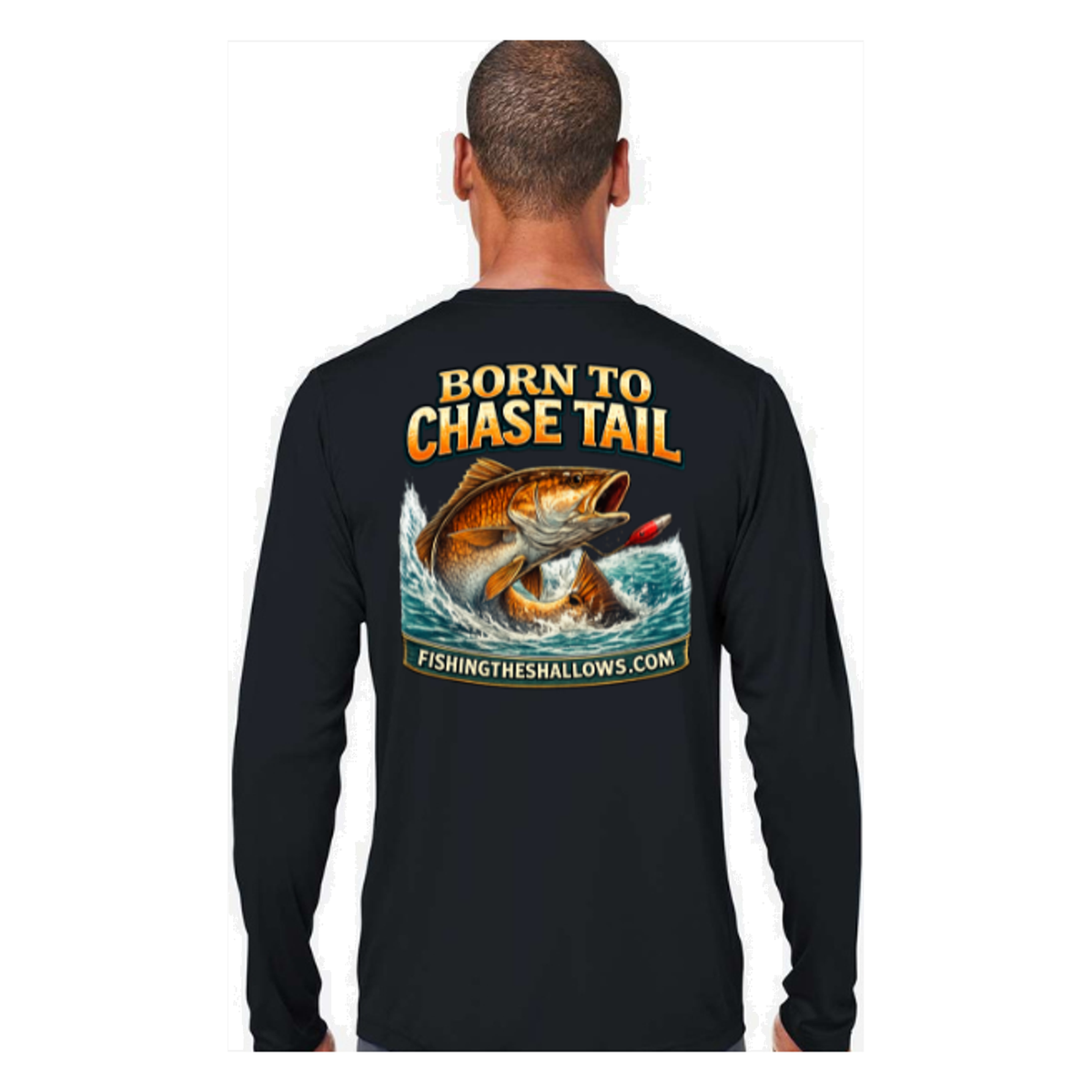 Born To Chase LS in Black, back view - mens long sleeve performance fishing shirt by Fishing The Shallows