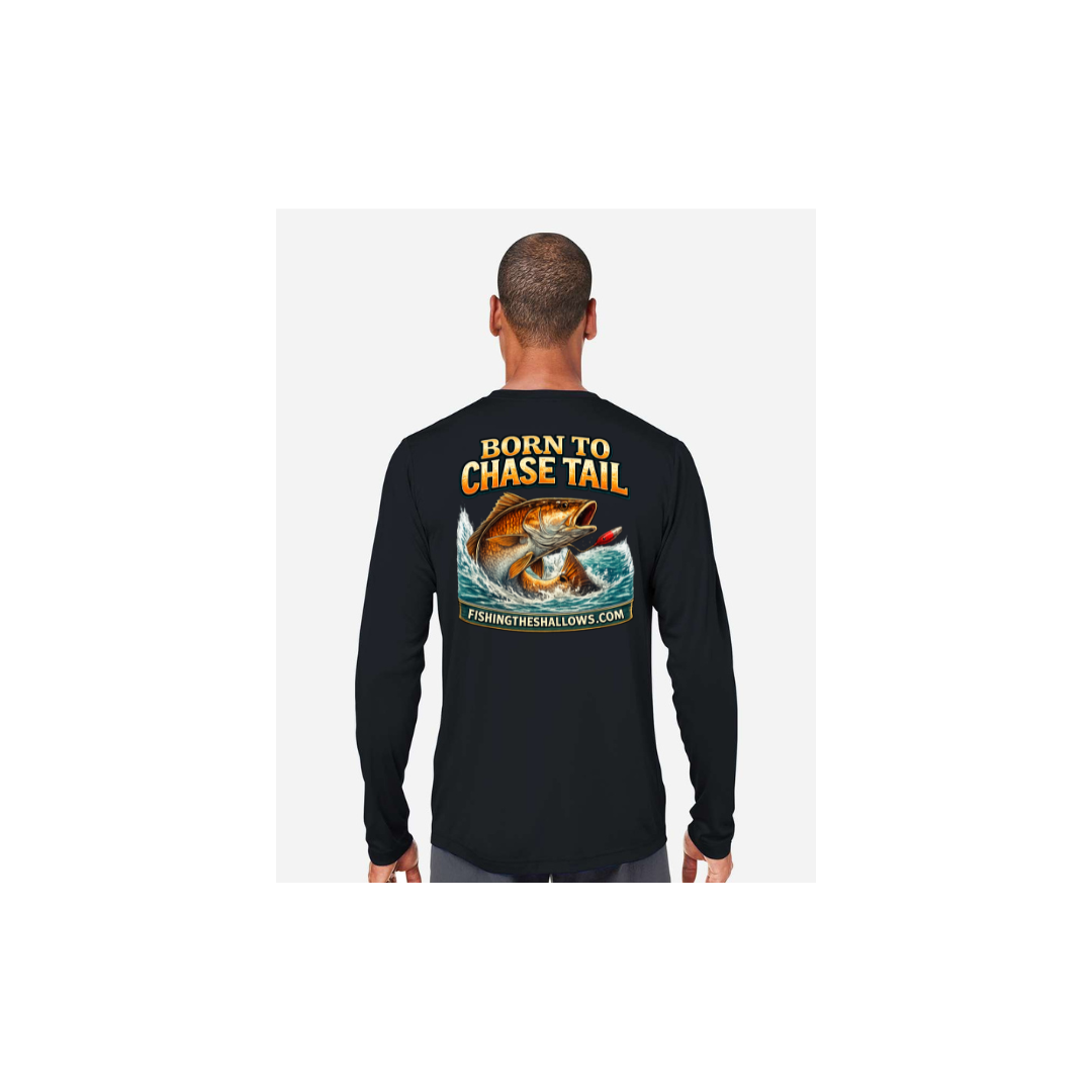 Born To Chase LS in Black, back view - mens long sleeve performance fishing shirt by Fishing The Shallows