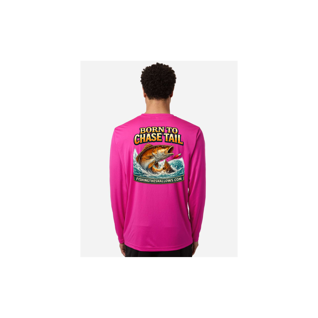 Born To Chase LS in Bright Magenta, back view - mens long sleeve performance fishing shirt by Fishing The Shallows