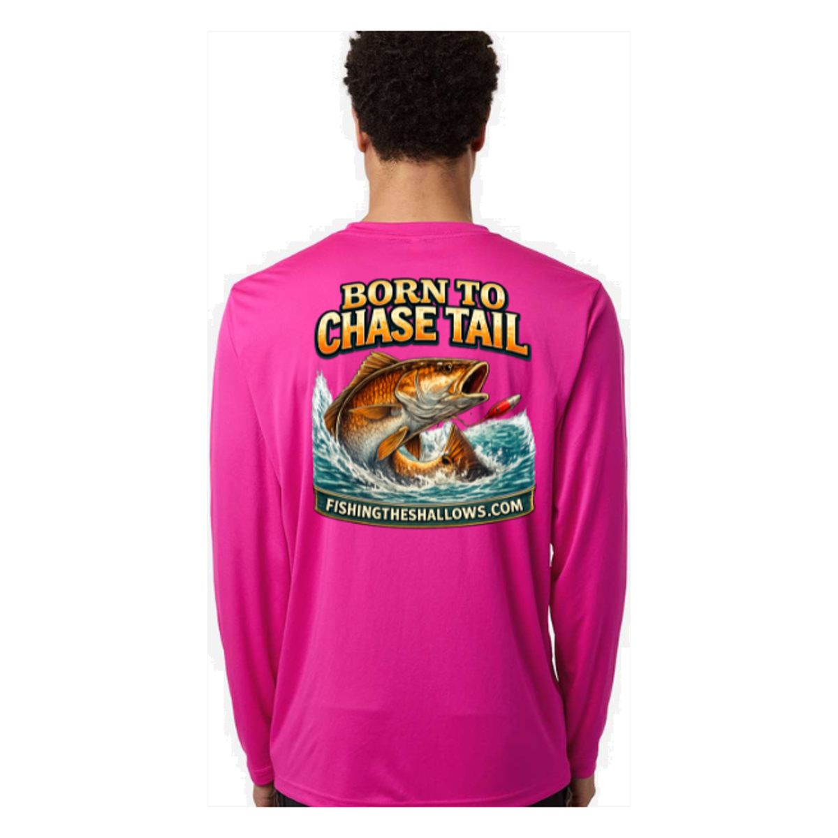 Born To Chase LS in Bright Magenta, back view - mens long sleeve performance fishing shirt by Fishing The Shallows