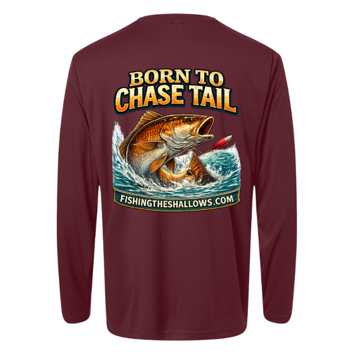 Born To Chase LS in Burgundy, back view - mens long sleeve performance fishing shirt by Fishing The Shallows