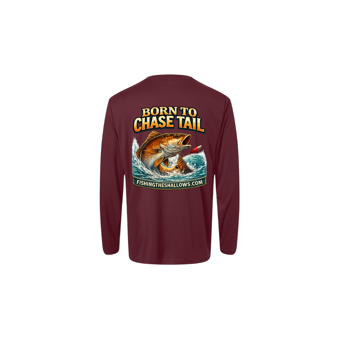 Born To Chase LS in Burgundy, back view - mens long sleeve performance fishing shirt by Fishing The Shallows