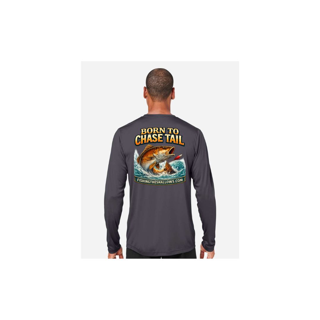 Born To Chase LS in Carbon, back view - mens long sleeve performance fishing shirt by Fishing The Shallows