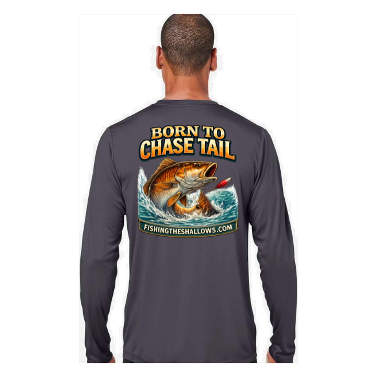 Born To Chase LS in Carbon, back view - mens long sleeve performance fishing shirt by Fishing The Shallows