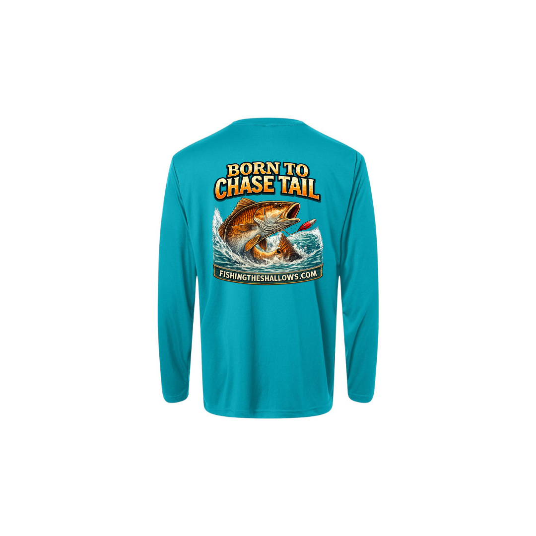 Born To Chase LS in Clear Teal, back view - mens long sleeve performance fishing shirt by Fishing The Shallows
