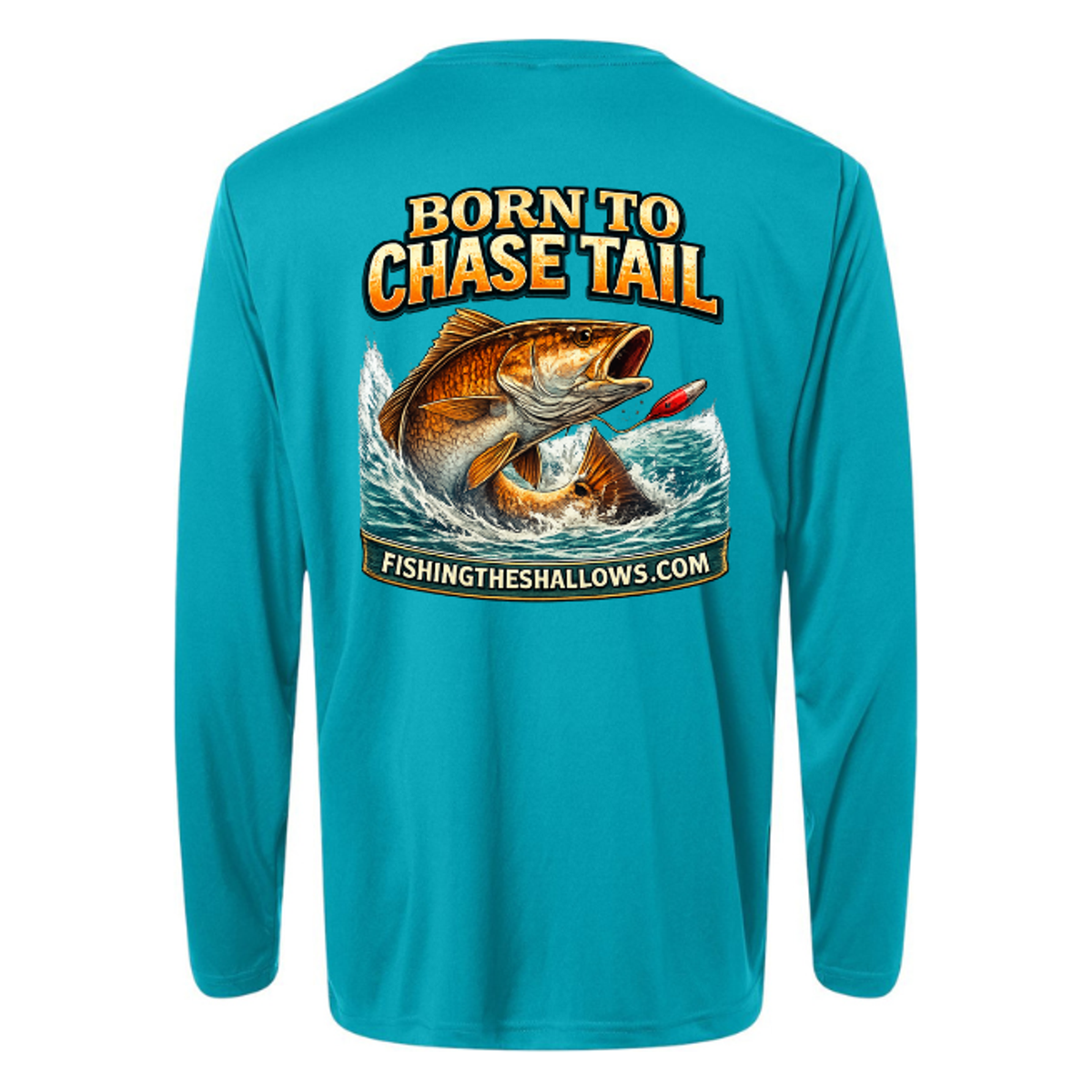 Born To Chase LS in Clear Teal, back view - mens long sleeve performance fishing shirt by Fishing The Shallows