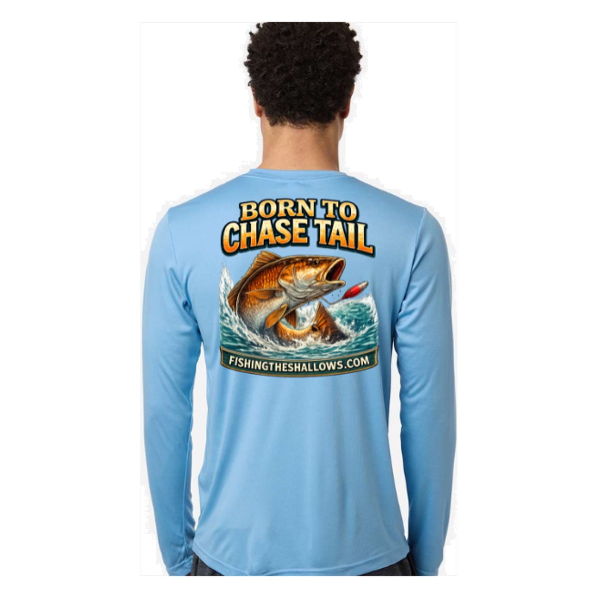 Born To Chase LS in Columbia Blue, back view - mens long sleeve performance fishing shirt by Fishing The Shallows